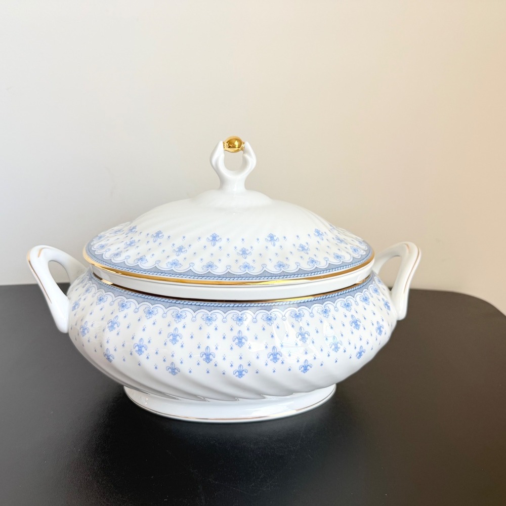 Porcelana Quinta Nova Tureen White Blue Fleur De Lis Gold Trim Portugal